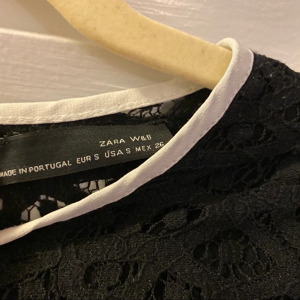 Zara Black Lace Long Sleeve Top | Size S | White Tie Detail